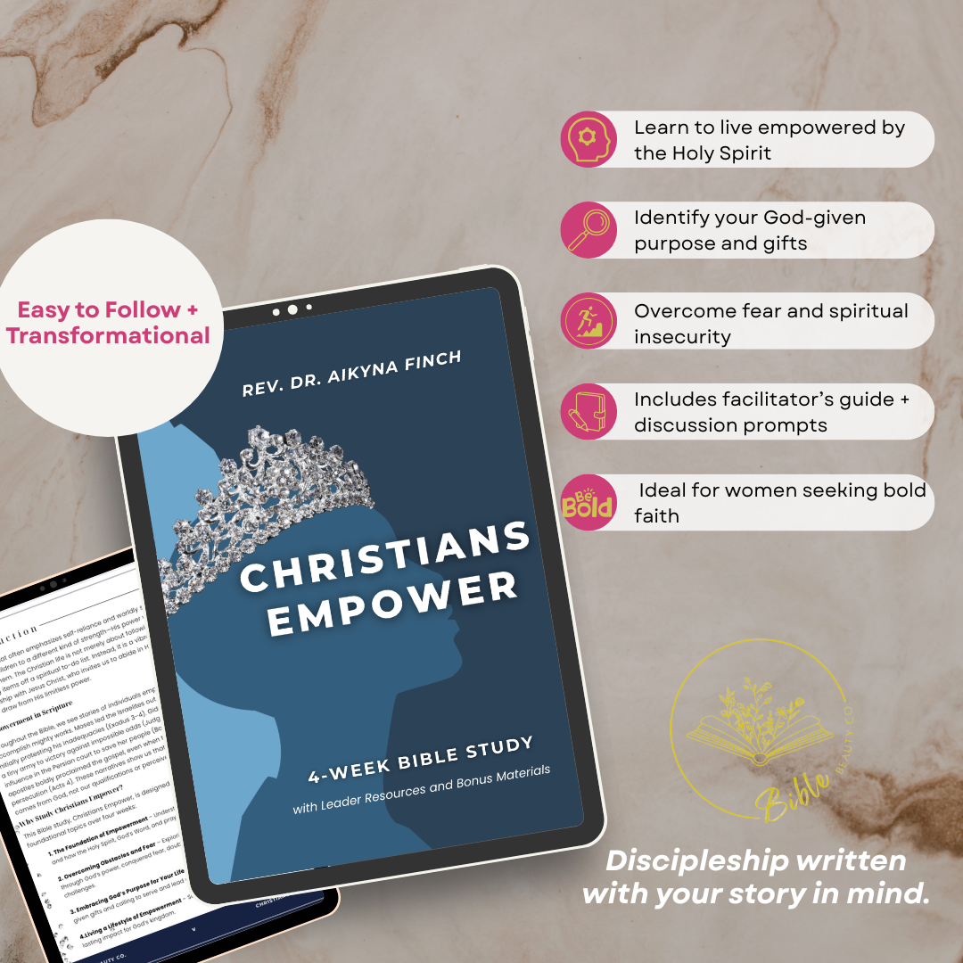 Christian woman studying spiritual growth workbook about purpose, bold faith, and empowerment