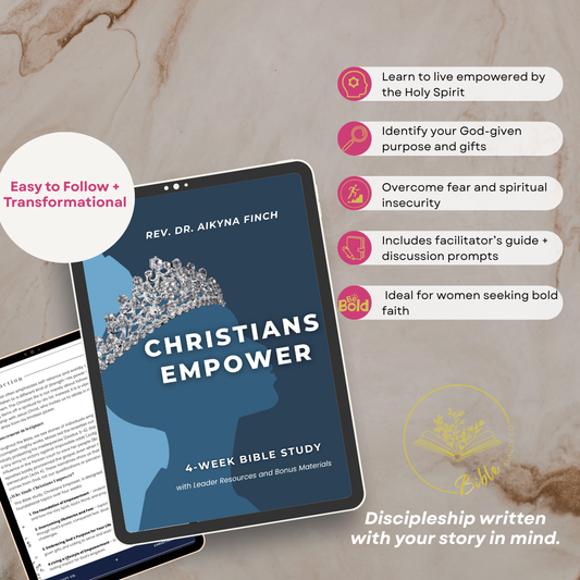 Christian woman studying spiritual growth workbook about purpose, bold faith, and empowerment