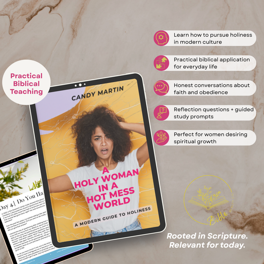 Christian woman reading devotional workbook about holiness, growth, and modern womanhood